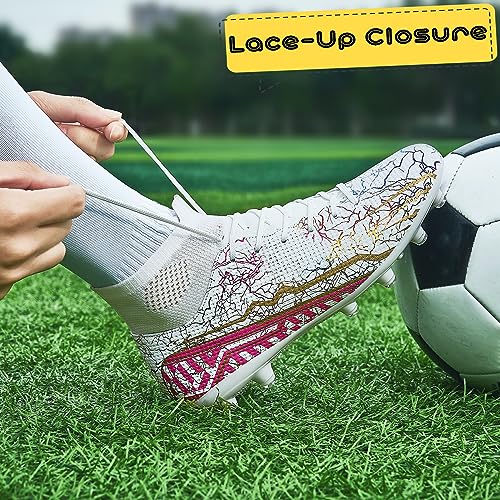 Foto von Unitysow Fußballschuhe Herren High Top Spike Kinder Stollen Fussballschuhe Jungen Outdoor Sport Professionelle Athletics Turf Trainer Football Schuhe,Weiß,Gr.40