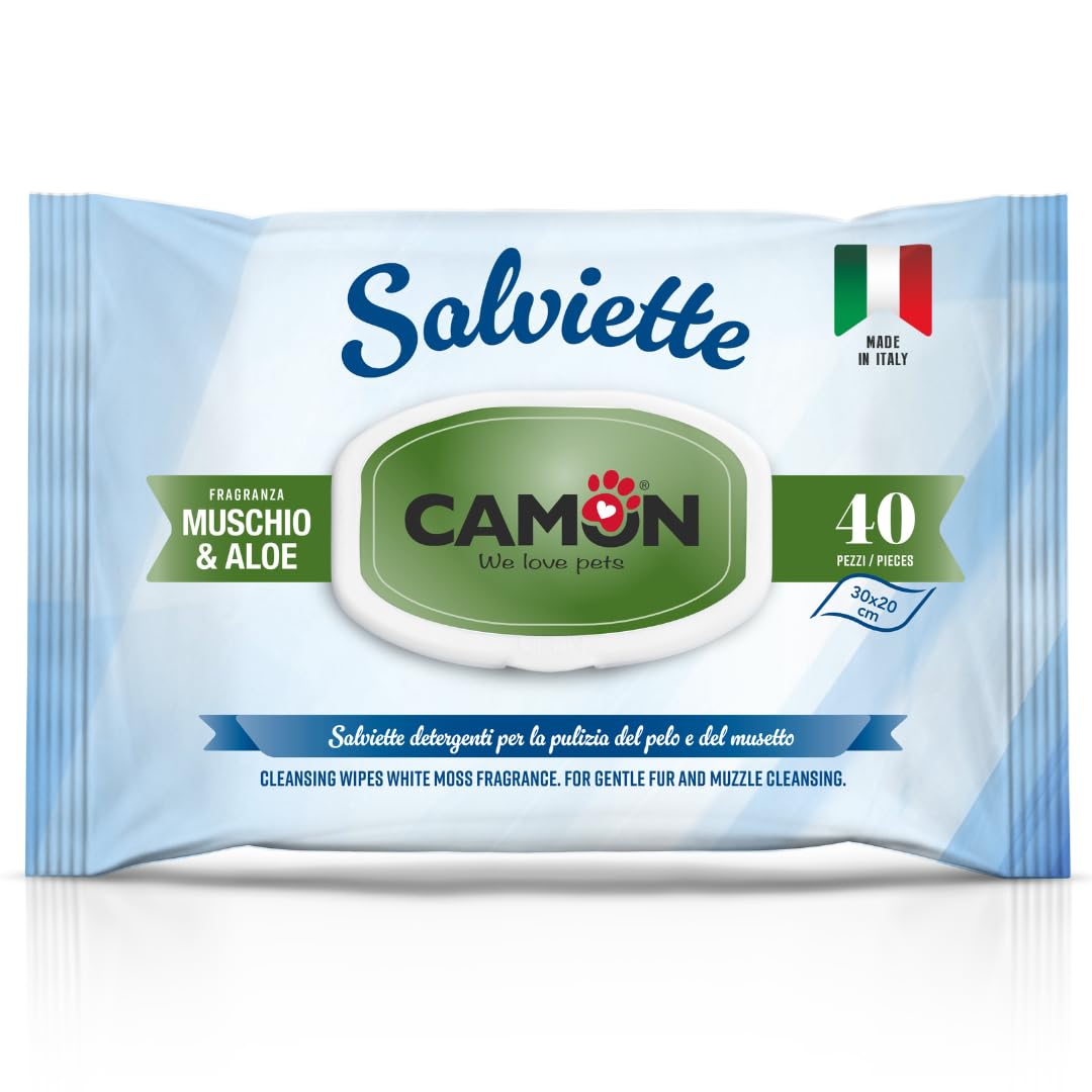 CAMON | Salviette Detergenti per Cani e Gatti, 30x20 cm, Confezione da 40 Pezzi, Fragranza Muschio e Aloe, Senza Alcool etilico né Parabeni, Made in Italy