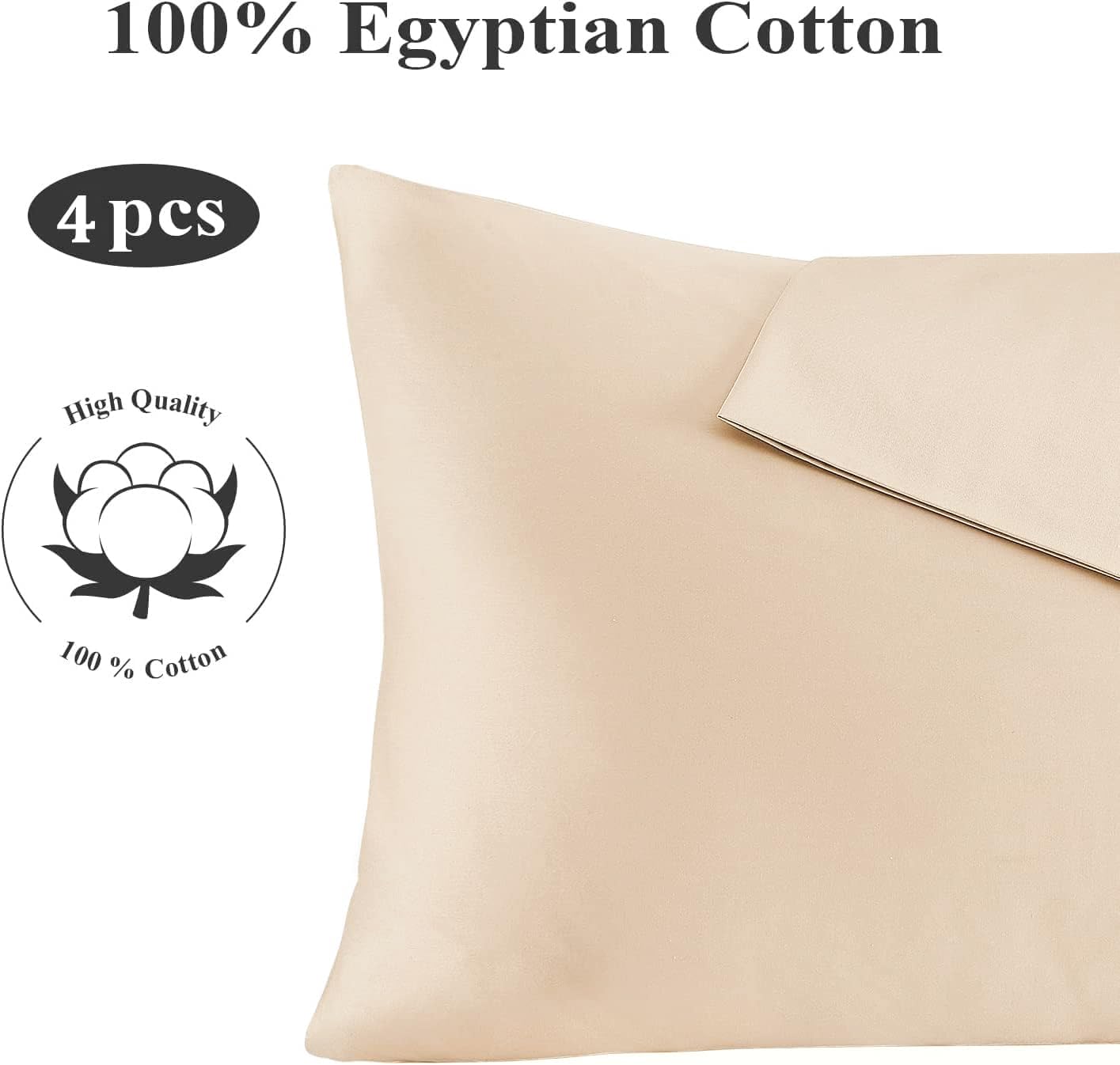 100% Egyptian Cotton Pillow Protectors Set of 4, 400 Thread Count Sateen Weave Pillowcase, Easy Care Zippered Style Pillow Covers (Beige, 4 Pack, Standard)