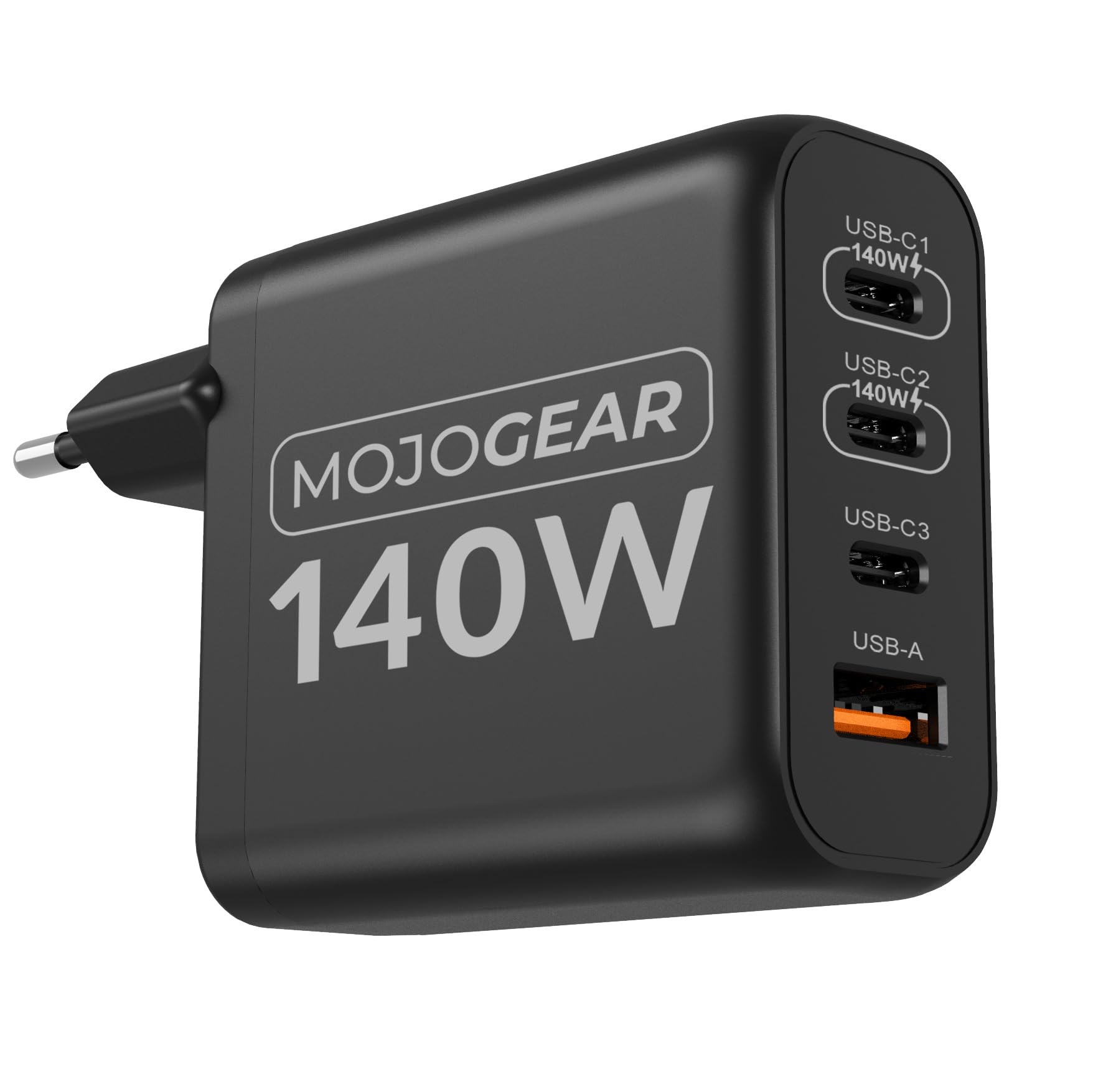MOJOGEAR Charge+ Caricabatterie da 140 Watt con 4 Porte USB/USB-C — Caricabatterie con USB Power Delivery — Caricabatterie da 140 W per Laptop, Smartphone, Tablet, tra Gli Altri