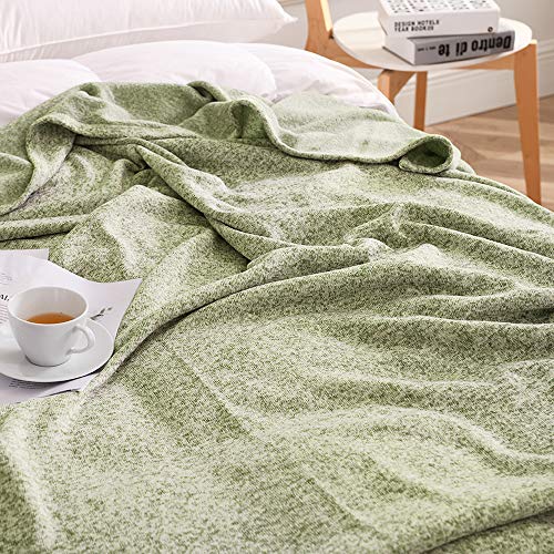 KAWAHOME Knit Blanket Lightweight Breathable Fuzzy Heather Jersey Thin Blanket for Couch Sofa Bed Queen Size 90 X 90 Inches Green and White