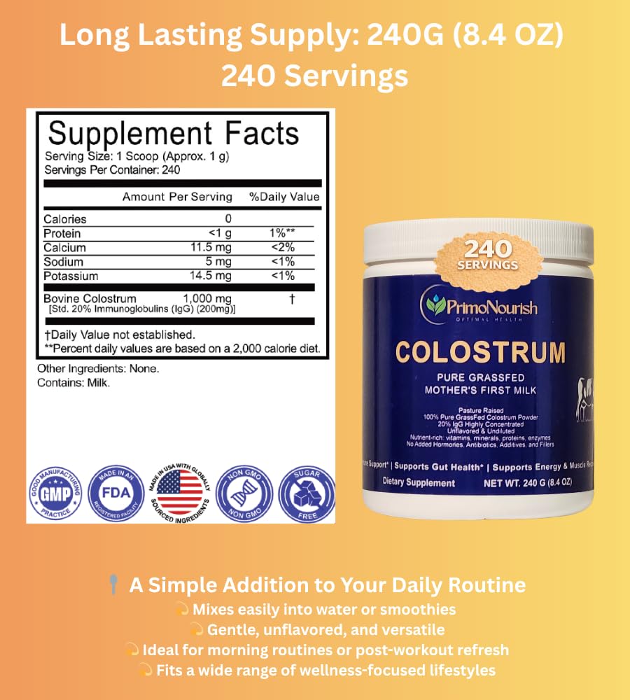 Grass-Fed Pure Bovine Colostrum Powder, 240g (8.4 oz) | Gut Support, Energy & Recovery | Pasture-Raised Whole Colostrum, Cold-Processed | Third-Party Lab Tested | Made in USA in a GMP Facility — Amazon image 5
