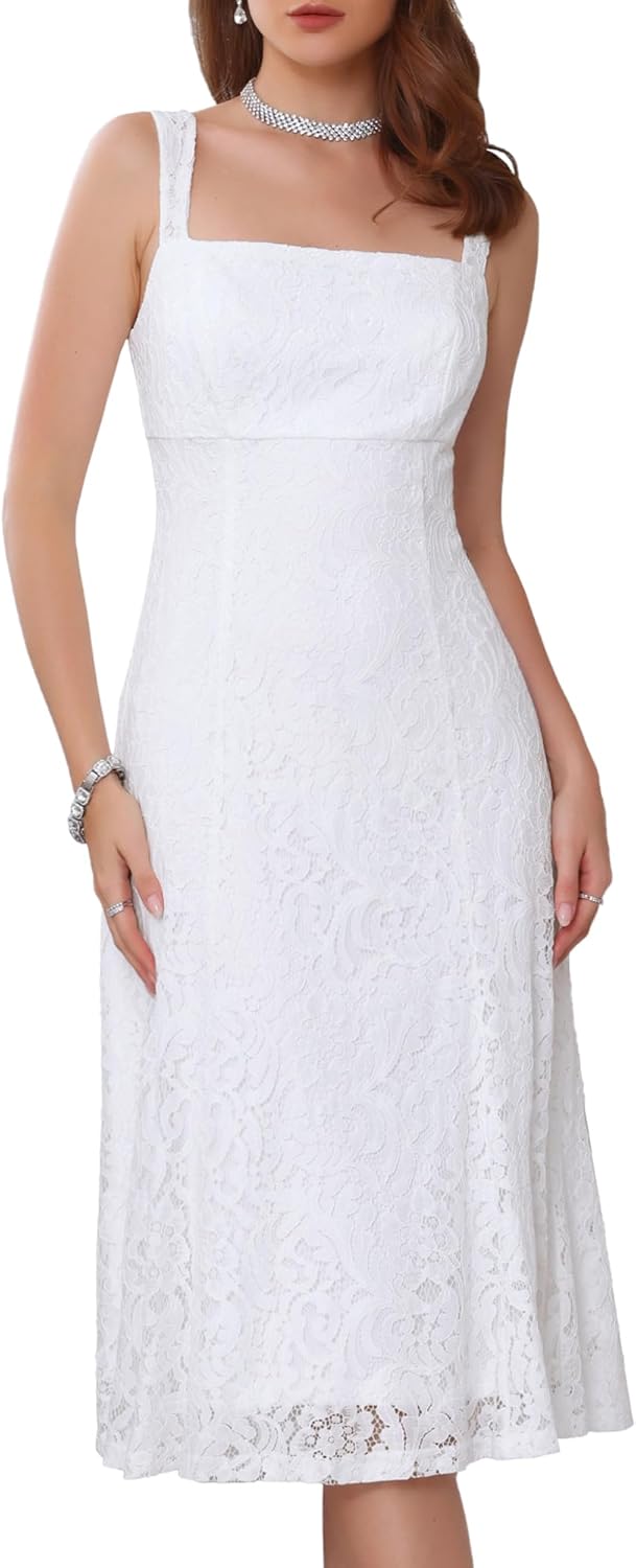 Women's Lace Prom Dress Straps Square Neck Sleeveless Formal Evening Cocktail Midi Dresses