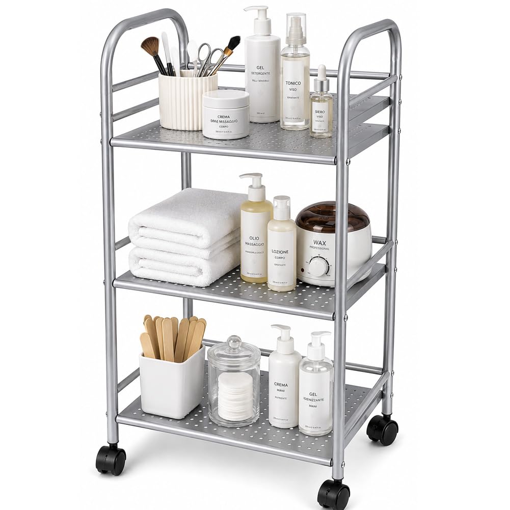 BAKAJI Carrello Portaoggetti in Metallo per Bagno Cucina Parrucchiere o Estetista 4 Ruote Girevoli, 3 Ripiani, Dimensioni 40 x 35 x 75cm, Carrellino Multifunzione 3 livelli (Silver)