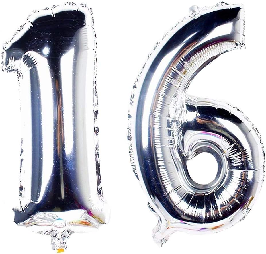 AZOWA 40 in Big Sweet 16 Number Balloons Jumbo Number 16 Balloons for Sweet 16 Birthday Decorations (Silver, 40 in)
