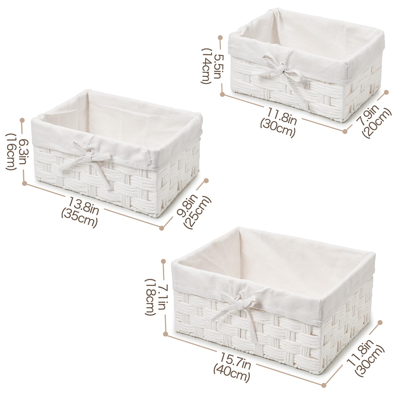 EZOWare Lot de 3 Boîtes de rangement de Papier Torsadé, Panier Tressé Décorative avec Doublure en Tissu pour la chambre de bébé, les jouets pour enfants, la maison - (3 Tailles, Blanc)