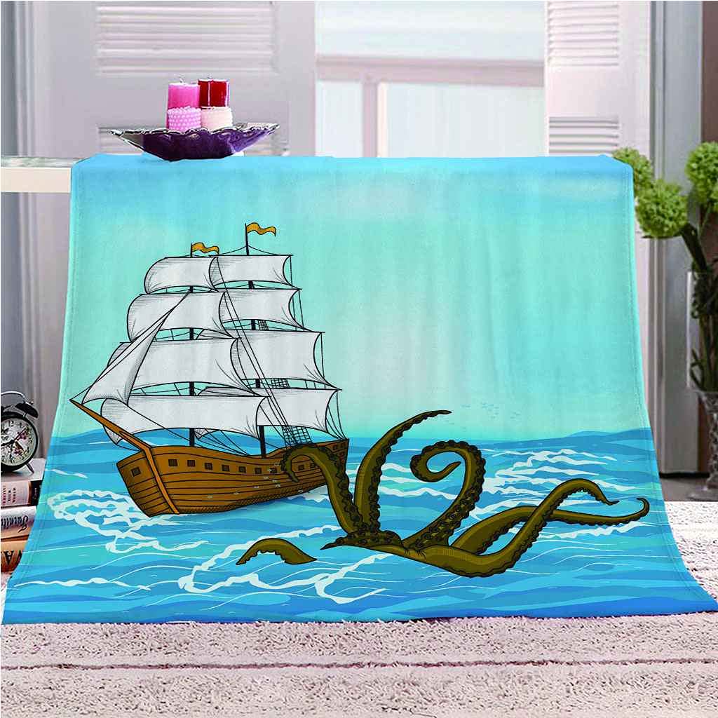 Couverture polaire en flanelle 130x150cm au motif poulpe et voilier blanc impression 3D