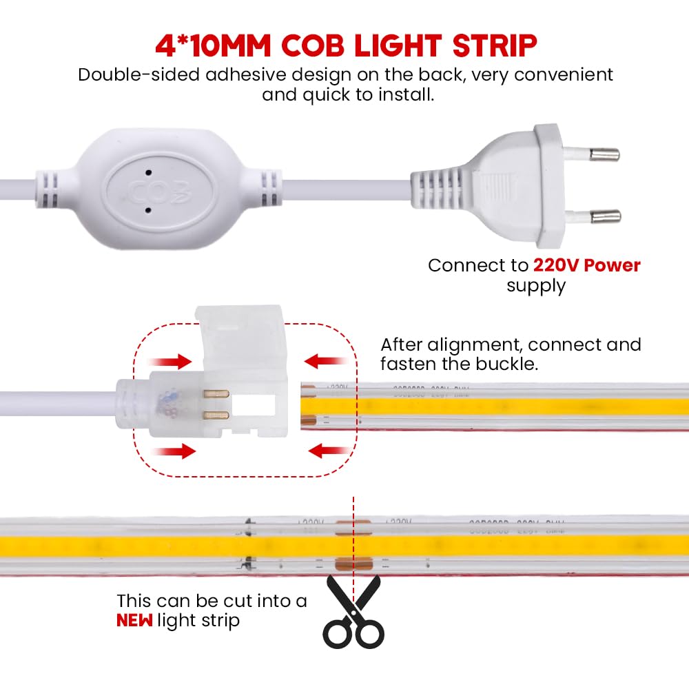 KISUFU Tira de LED COB 220V, Alto brillo 288 LED/m Tira de LED Tener Pegamento de doble cara COB IP65 Impermeable Strip Light para Dormitorio, Bar, hotel, Fiesta de Navidad, cocina.31M,Blanco natural