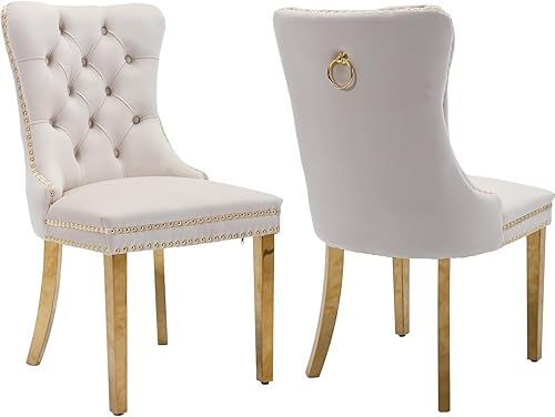 Juego de 2 sillas de comedor modernas de mediados de siglo, con respaldo tapizado de terciopelo beige, sillas de cocina y comedor, patas de metal