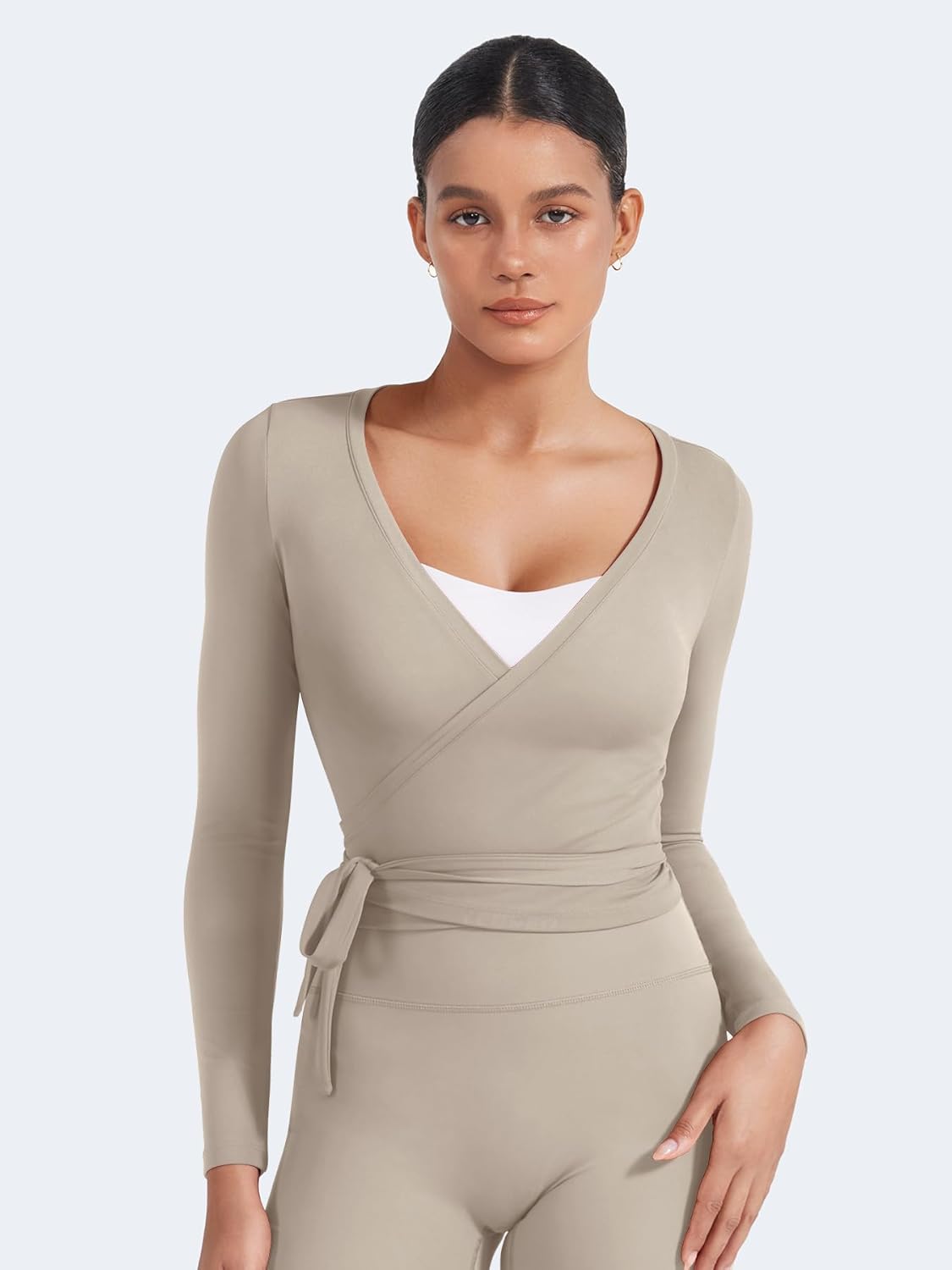 YEOREO Women Pilates Wrap Top Long Sleeve Tie Ballet Workout Yoga Shirt Michelie Y2K V Neck Cropped Tops