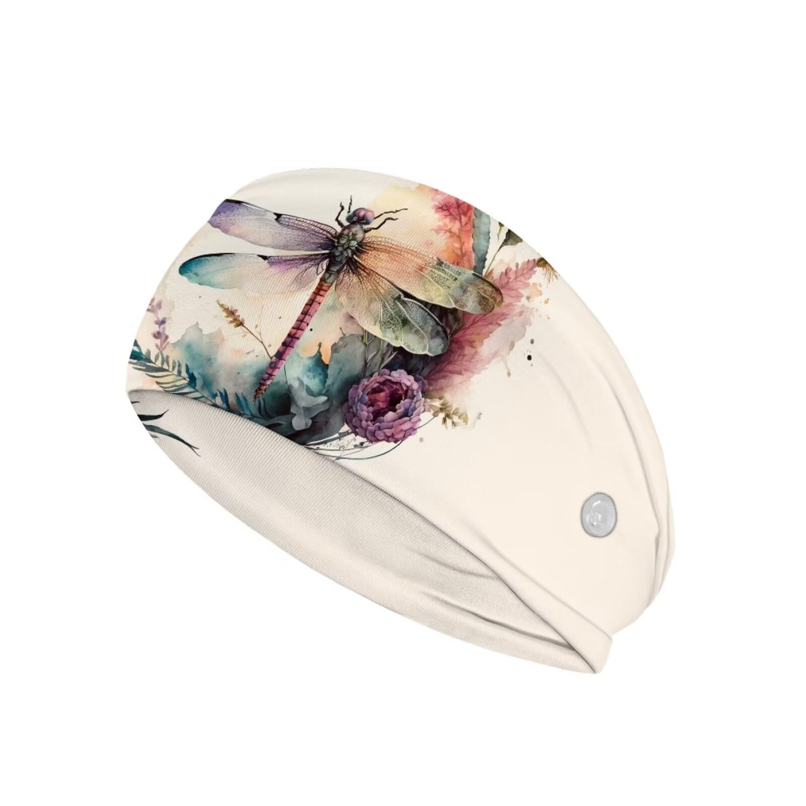 Babrukda Women's Fashion Headbands Nurse Headbands for Women Dragonfly Print Hairband with Button for Mask Doctor Dentists Sweatband Men Head Wrap