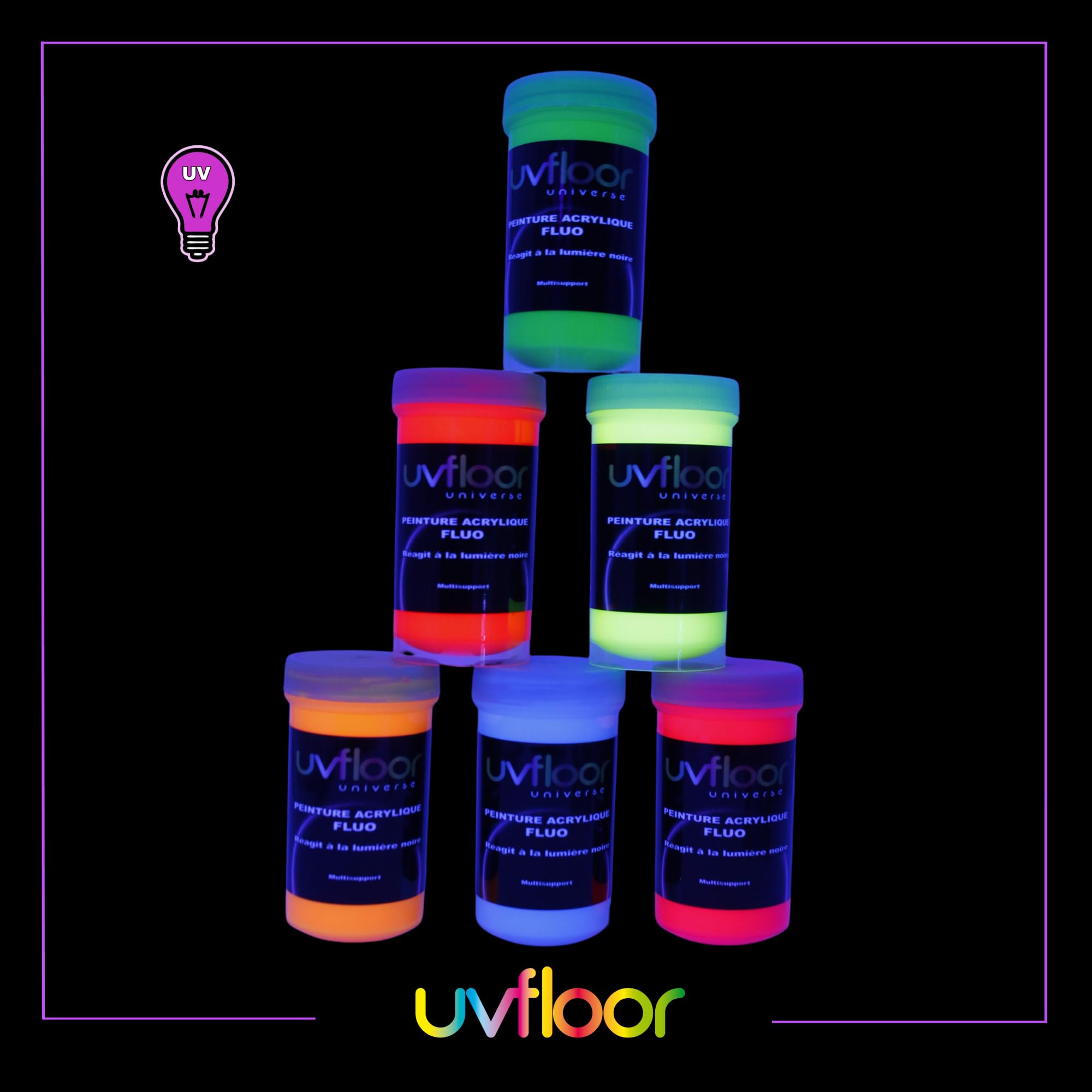 UV FLOOR - Zestaw startowy Fluo Farba akrylowa - Specjalne czarne i ultrafioletowe światło - Błyskotliwe - Fluid I Ultra Pigmentowane - Fluorescencyjne - 6 x 100ml