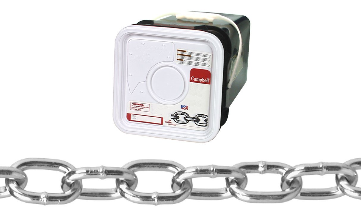 Campbell 0309526 Low Carbon Steel Passing Link Chain in Square Pail in Square Pail, Zinc plated, 2/0 Trade, 0.18