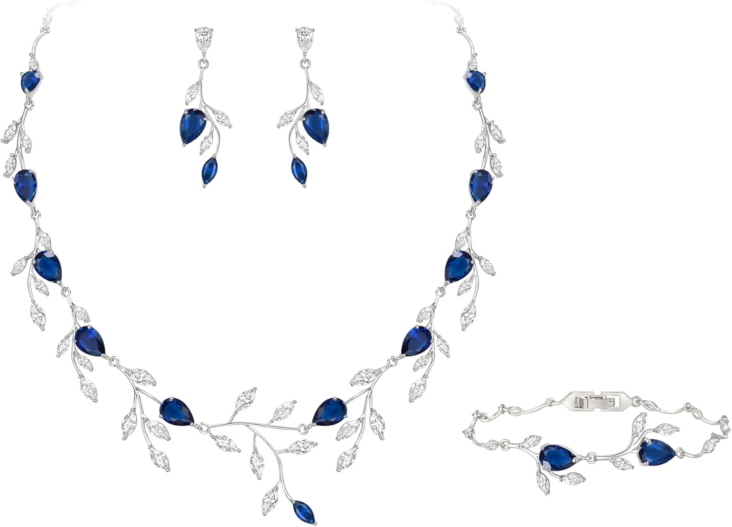 EVER FAITH Wedding Jewelry for Bride Women Bridesmaid, Sparkly Cubic Zirconia Pear-Shaped Birthstone Leaf Necklace Earrings Set for Prom