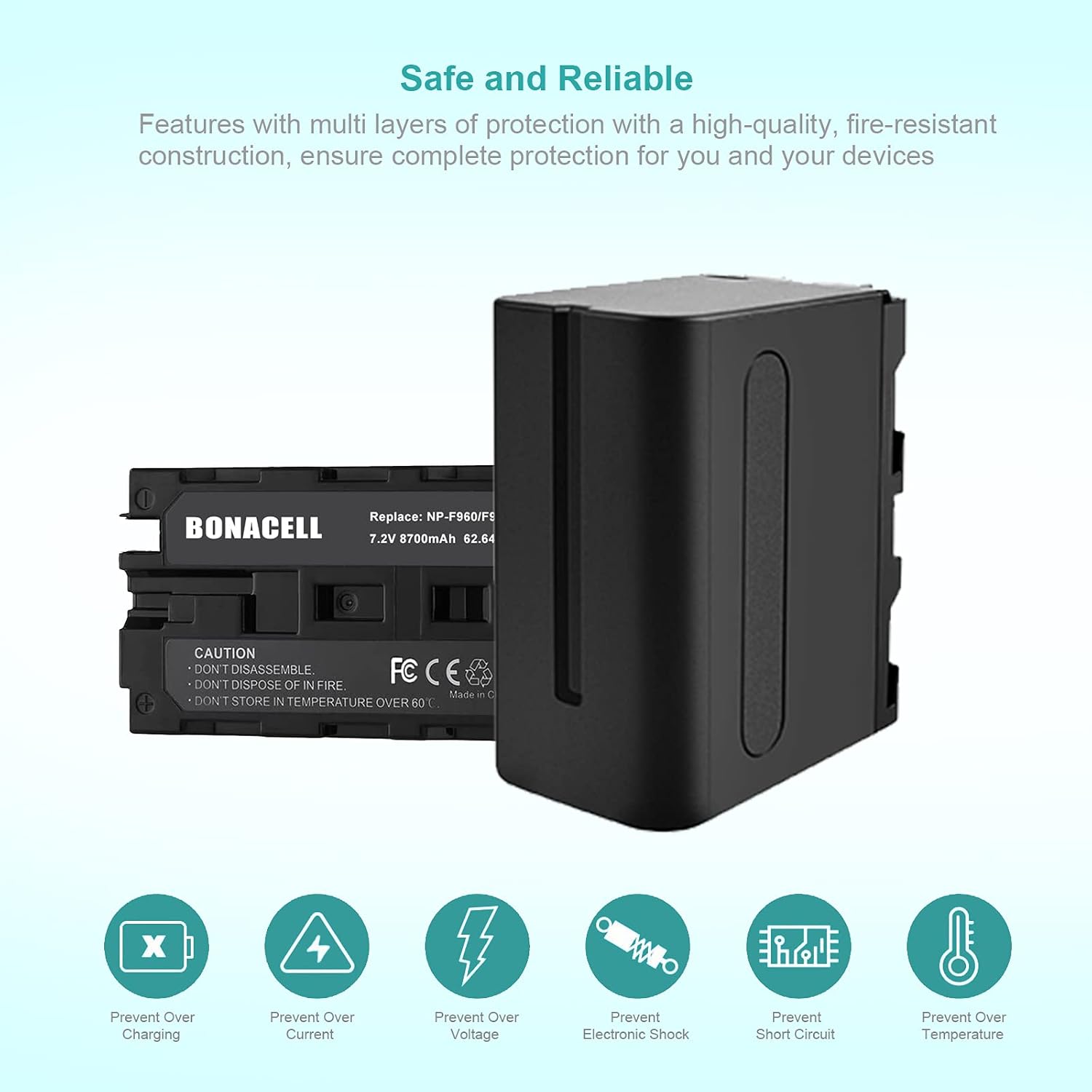 Two Bonacell NP-F970/NP-F960 batteries with text 'Safe and Reliable' and icons for preventing over charging, over current, over voltage, electronic shock, short circuit, and over temperature.