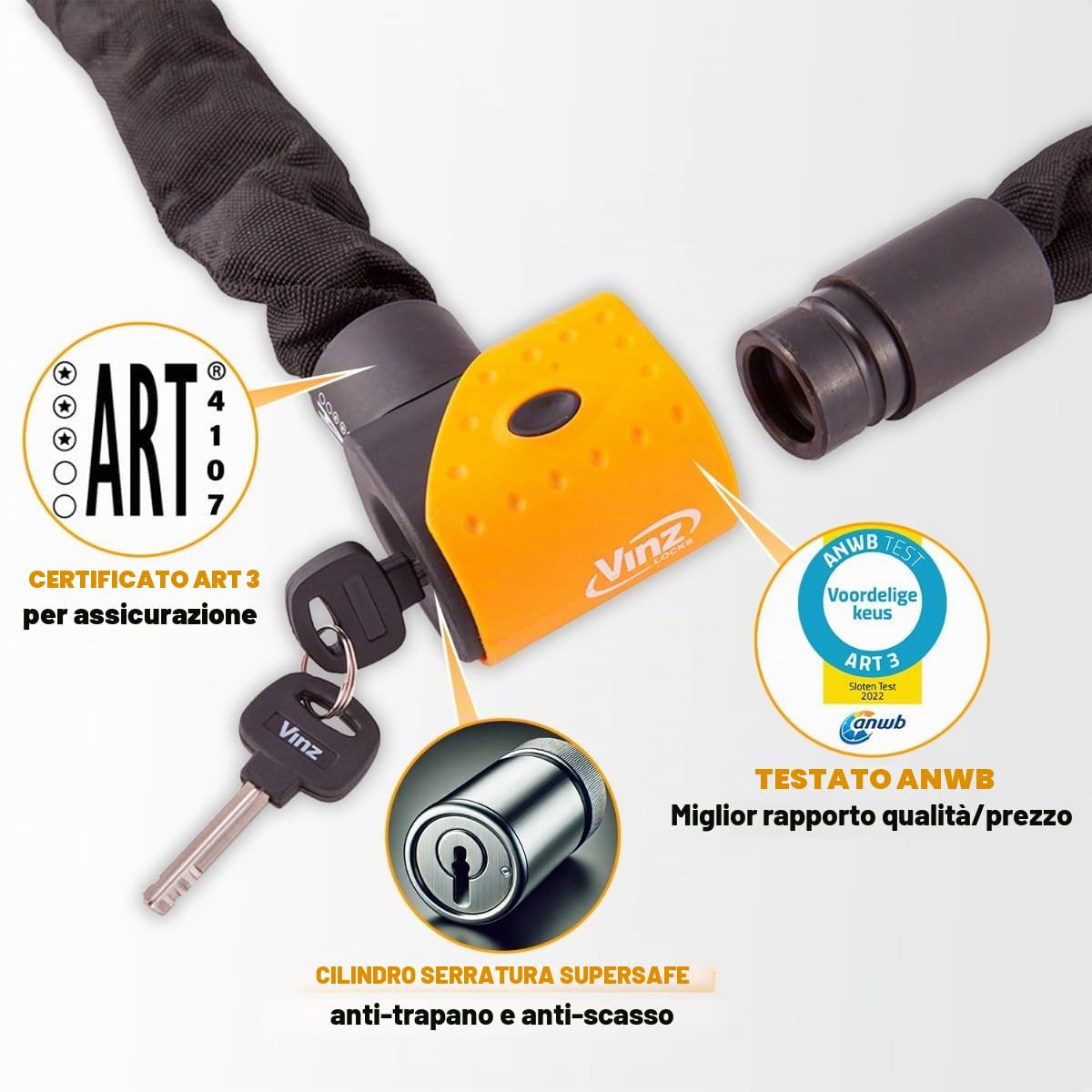 VINZ Jannu Lucchetto a Catena Scooter Antifurto | ø10mm Acciaio Temperato | Con Tre Chiavi | Antifurto Versatile per Scooter o bici elettrica | Disponibile in diverse misure - 100 cm