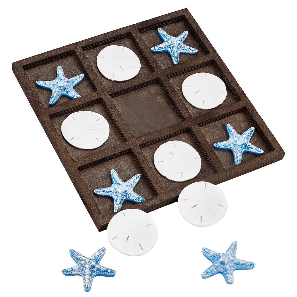 FINGERINSPIRE Starfish Tic Tac Toe Game Set - 6 Pcs White Resin Sea Money & 6 Pcs Blue Starfish with 1 Pc 10x10inch Square Wooden Table Tic-Tac-Toe