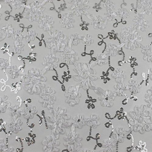 Embroidered Floral Sequin Fabric on Mesh Fabric White