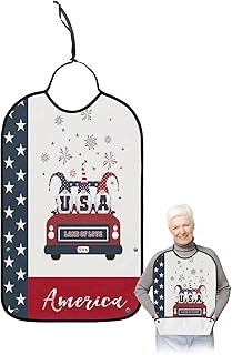 QueenKer Funny Adult Bibs for Eating, Independence Day USA Dwarf Land of Love Car Waterproof Clothing Protector Washable Adult Bib with Crumb Catcher for Men Women Elderl and Seniors