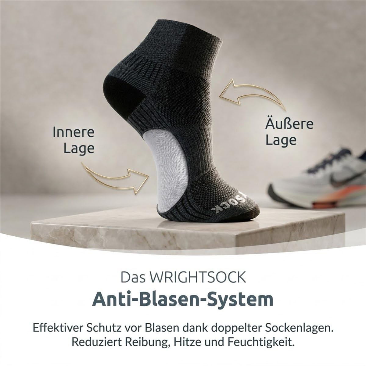 Wrightsock - 1 Paar Herren/Damen Profi Sportsocke, Laufsocke, Modell Coolmesh II in zweifarbig gemustert, Anti-Blasen-System, doppel-lagig, Quarter (knöchelhoch)