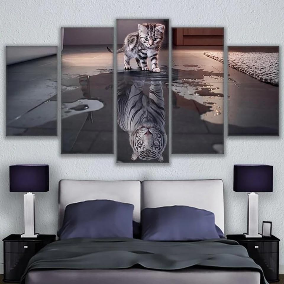 Impression sur toile décoration murale salon chat tigre 5 parties