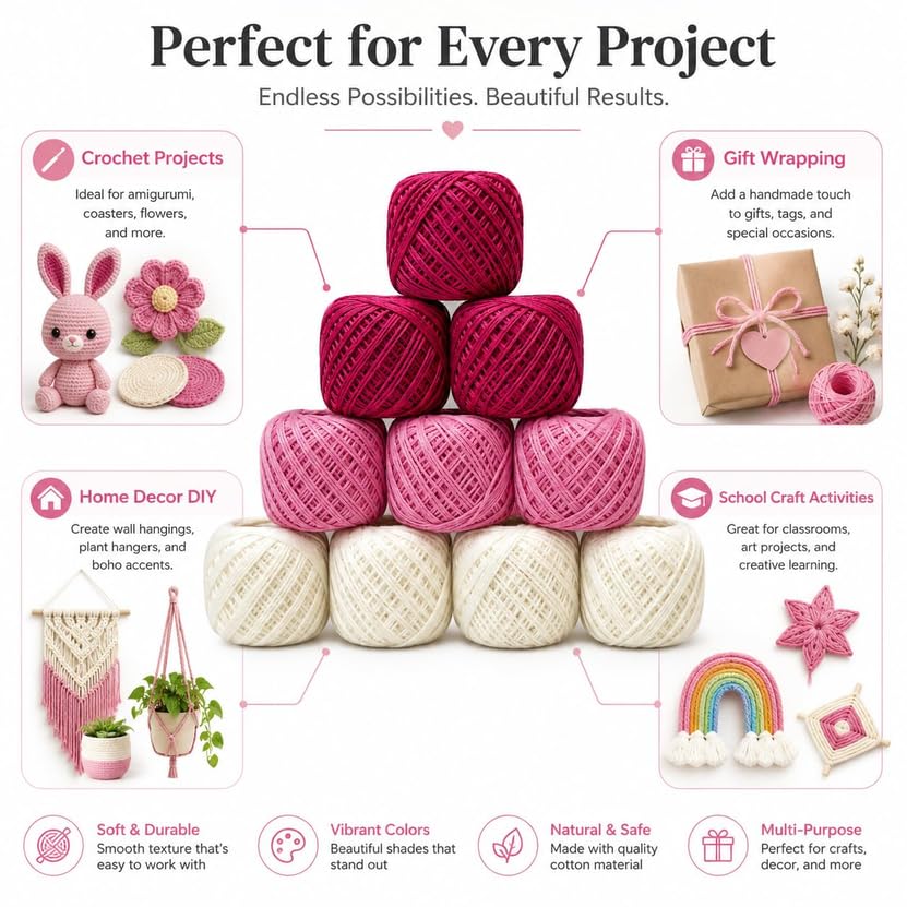 Nisrix Crochet Cotton Thread Yarn Combo, 10 Rolls, Pink - Image 3