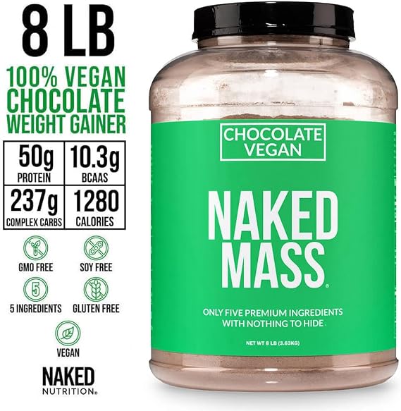 NAKED Vegan Mass - Chocolate Vegan Weight Gainer - 1,280 Calories, Non-GMO, Soy & Gluten Free, No Artificial Ingredients - 8LB Bulk - 11 Servings