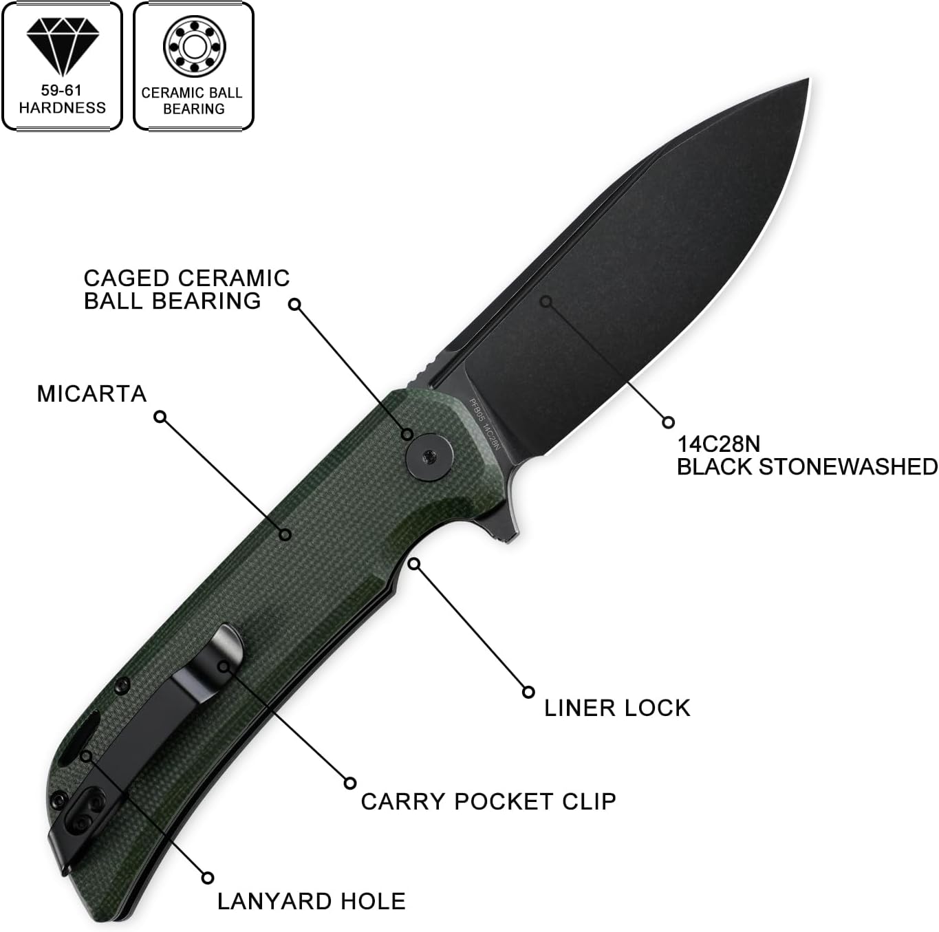 Petrified fish PFB05 Tunny Folding Knife,3.86" 14C28N Steel Black Stonewashed Blade Micarta Handle Folding knife for EDC Camping Outdoor (Green Stonewashed)