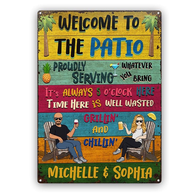 WANDER PRINTS Personalized Custom Classic Metal Signs, Tin Sign - Backyard Sign - Patio Welcome Grilling Proudly Serving Whatever You Bring Husband Wife Couple Single