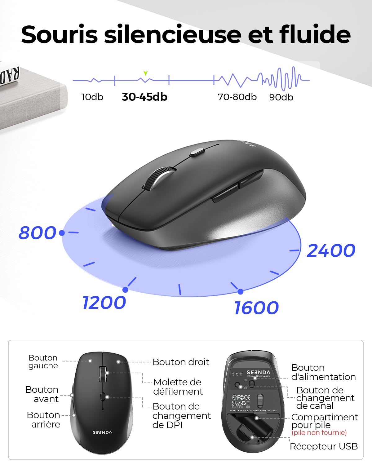 seenda COE300 Clavier Souris sans Fil Bluetooth AZERTY | Connexion Multi-Appareils, Silencieux, Ultra-Fin Clavier, Souris 4 Niveaux DPI, Compatible Windows/Mac OS/iPad/Android