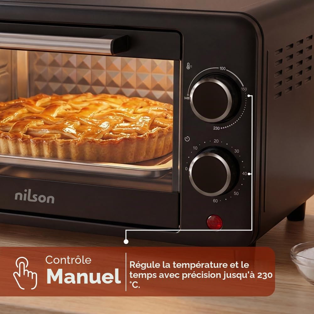 Four de Table de 10 L, Compact, 1000 W, Commande Mécanique, NHS1000N, Thermostat Réglable, Température Maximale 230°, Minuteur 60 min, Plateau Émaillé et Grille Métallique Inclus