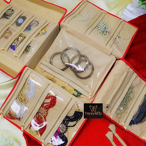 Image of Trendifly silk Lucknowi Jewellery Organiser Box for women Necklace organizer pouches Travel Makeup Cosmetic Earrings Jewelry Storage box for Bridal Gifting (Red)