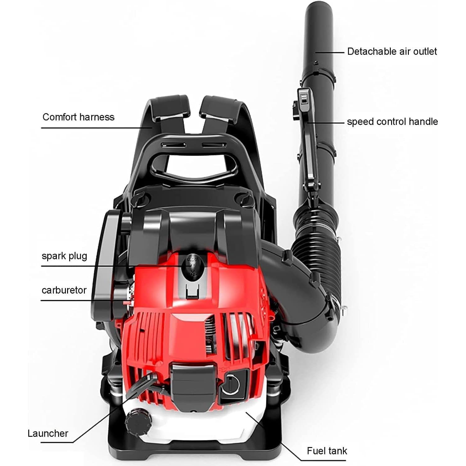 Dmuchawa do liści plecaka, 76 cm³, 2,2 kW, silnik 4-suwowy, 90 m/s, prędkość wiatru 2800-3200 obr./min, wyściełane paski podtrzymujące, zbiornik paliwa 2 l, do usuwania kurzu i nadmuchu śniegu