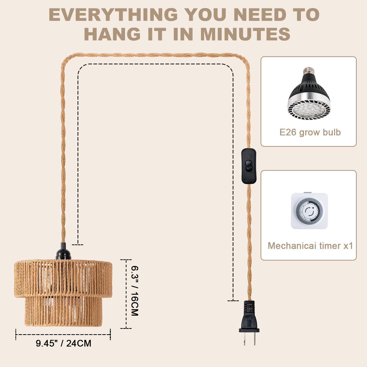 Hanging Grow Light for Indoor Plants, Full Spectrum 30W 4000K LED Pendant Light with Timer, Hand-Woven Paper Rope Shade, 15FT Cord, Adjustable Hanging Kit for Seedlings, Flowers, Succulents