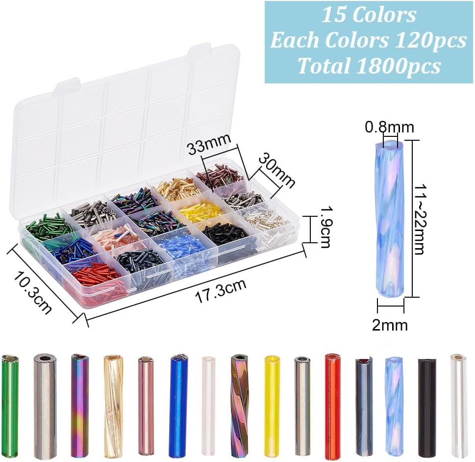 About 1800 Pcs 15 Colors Glass Bugle Beads Bulk, Mixed Color Screwy Bugle Beads Long Tube Seed Bead Loose Spacer Bead for DIY Crafting Jewelry Making - Image 2