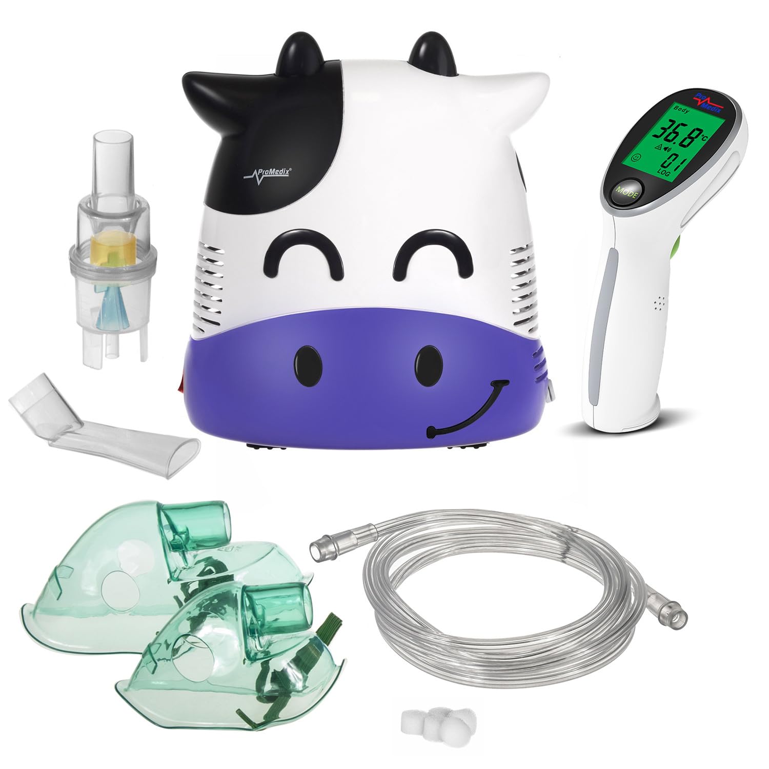 Kinder Inhalator + Infrarot-Thermometer Set | Leises Inhalergerät für die Familie | Kinderfreundliches Design, Inklusive Masken für Kinder und Erwachsene | Temperaturmessung (Kuh)