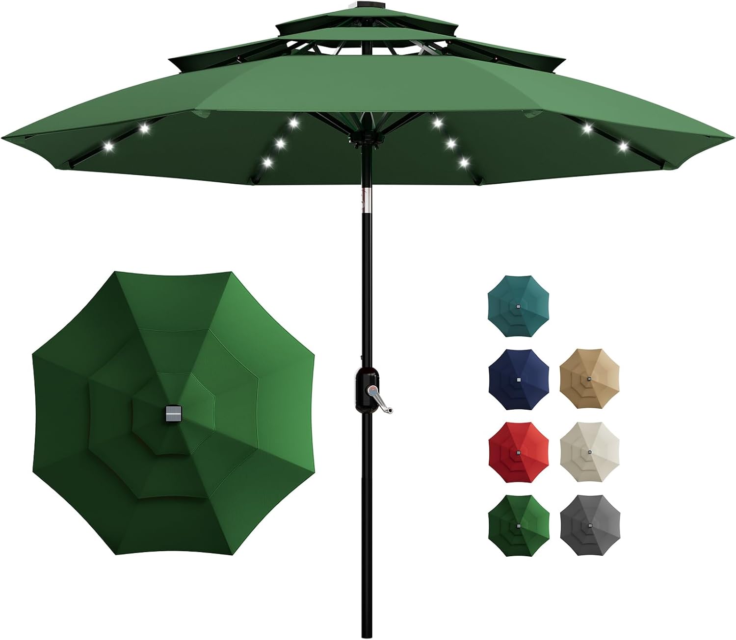 Garvee 10Ft 3-Tier Solar Patio Umbrella with LED Lights, Outdoor Table Umbrella with Vents, Easy Crank and Push Button Tilt, Market Umbrella with 8 Sturdy Ribs for Pool, Deck, Yard, Garden -Dark Green