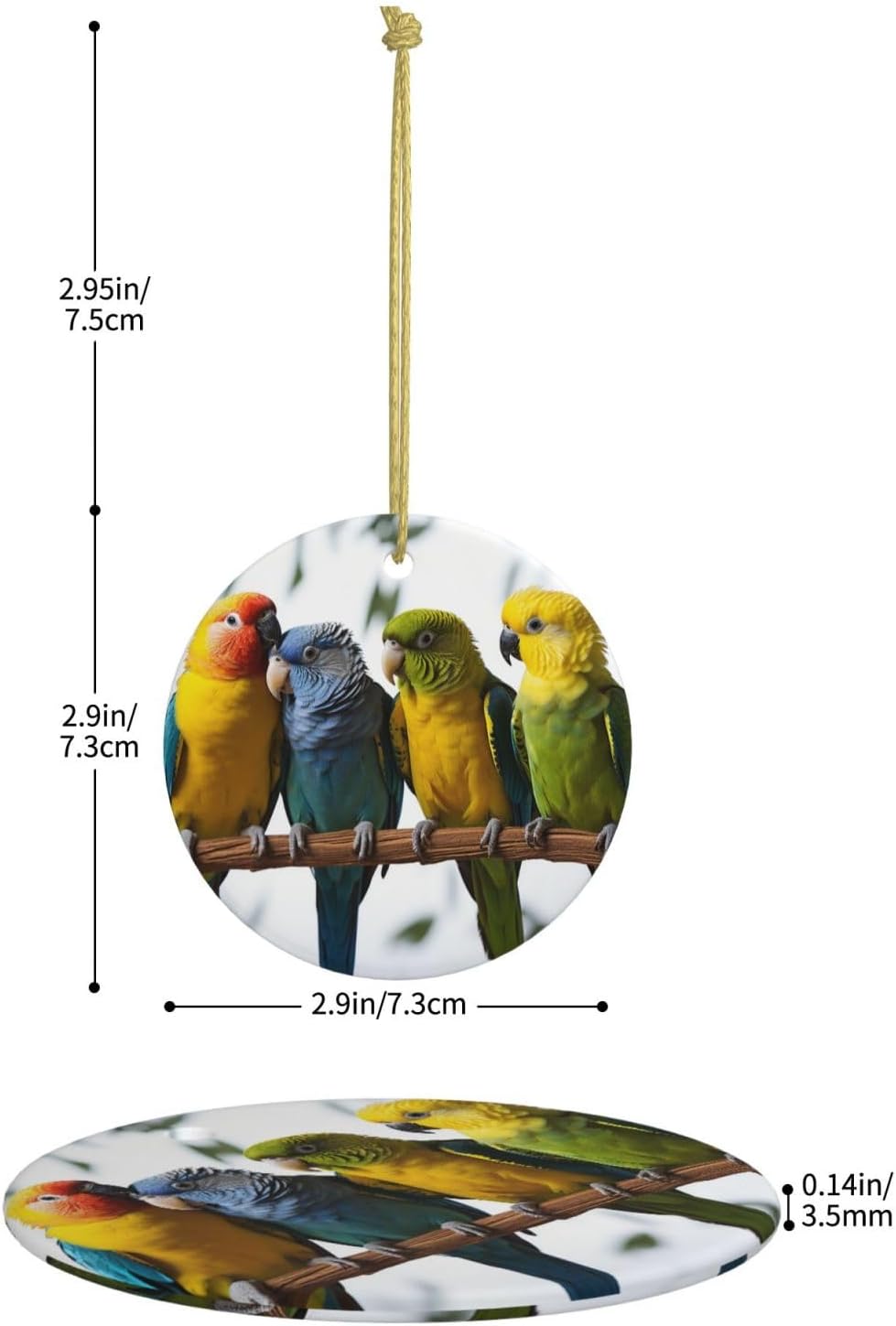 Christmas Ornaments Ceramic Round Christmas Hanging Ornament Double-Sided Colorful Parrots On Tree Print Christmas Tree Pendants for Fireplace Party Holiday Wedding Xmas Decoration Gift