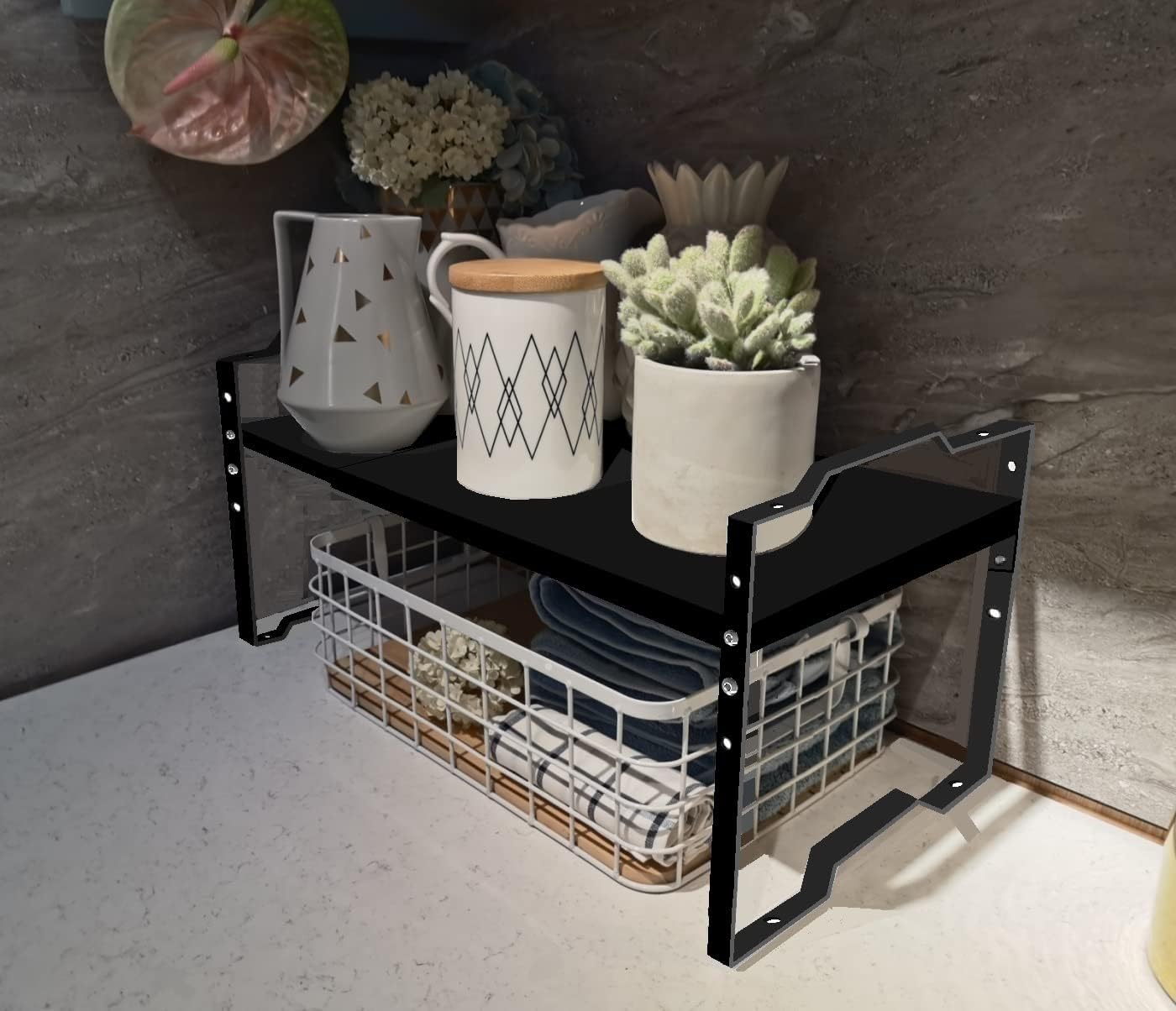 Expandable Shelf for Cabinet Organizer Adjustable Stackable Spice Rack at Kitchen and Bathroom More, Counter Countertop Cupboard Organization Pantry Storage(LARGE/1PACK/BLACK)