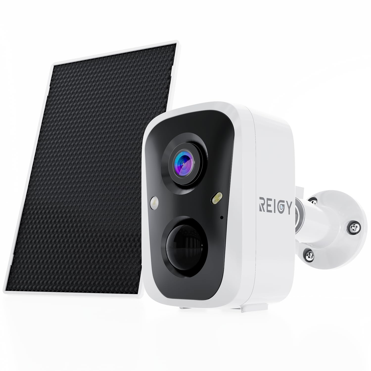 REIGY 4MP Telecamera WIFI Interno/Esterno Batteria Senza FIli, Videocamera Sorveglianza con Pannello Solare, Rilevazione di Movimento PIR, Audio a 2 Vie, IP65, Supporto 2,4GHz/5GHz