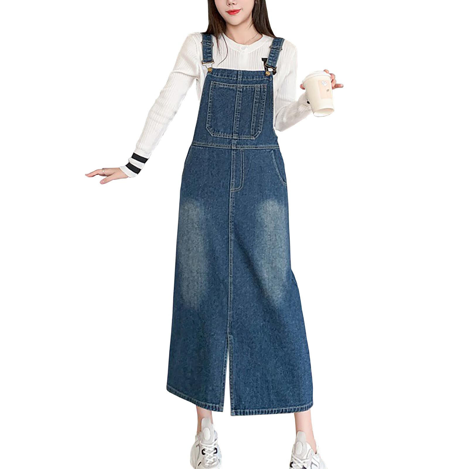 Vestito Salopette di Jeans Donna Mid Lunga Senza Maniche Denim Vestiti Overall con Tasche