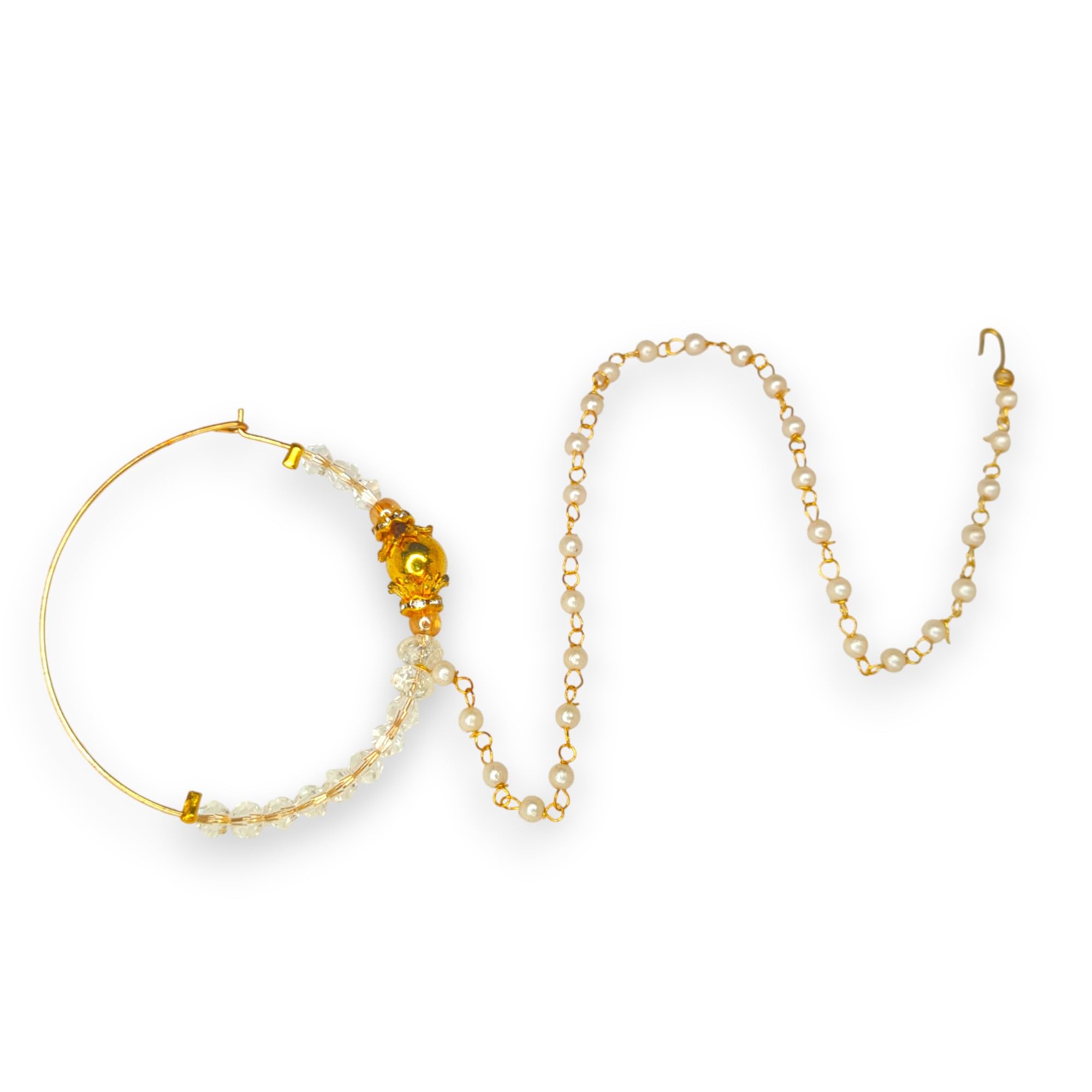 Gold Plated Traditional Piercing Delicate Nose Ring/Nath with Pearls Chain for Women and Girls-image-11