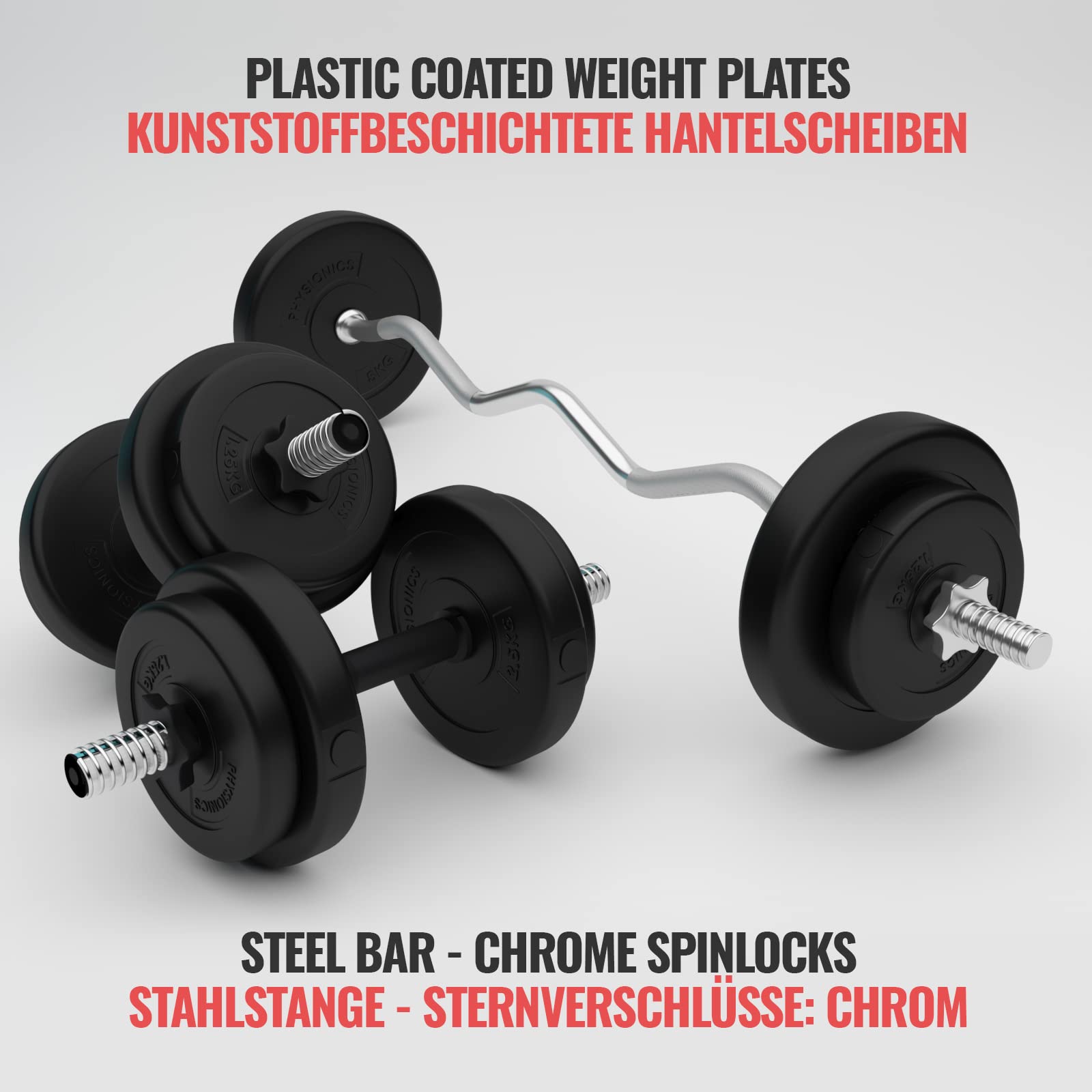 Physionics® Kit Barre Disques Poids - 36/56/76kg, Curl EZ 120cm/Ø30mm, Plaques Ø31mm - Gym, Fitness, Musculation