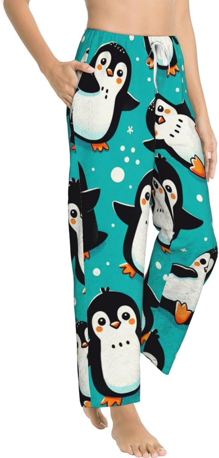 Women'S Funny-Cute-Penguins Fleece Pajama Pants, Cozy Flannel Lounge Bottoms For Women