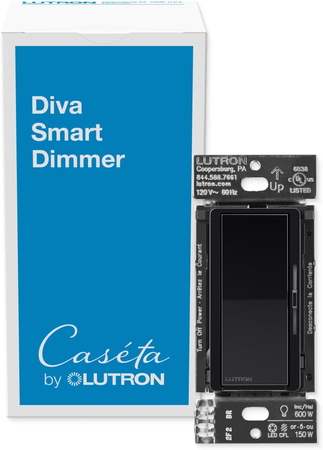 Caseta Smart Lighting Diva Smart Dimmer Switch for LED Bulbs, Works w/Alexa, Apple Homekit, Google Home (Hub Required), No Neutral Required, 150W Single-Pole/3-Way, DVRF-6L-BL, Black