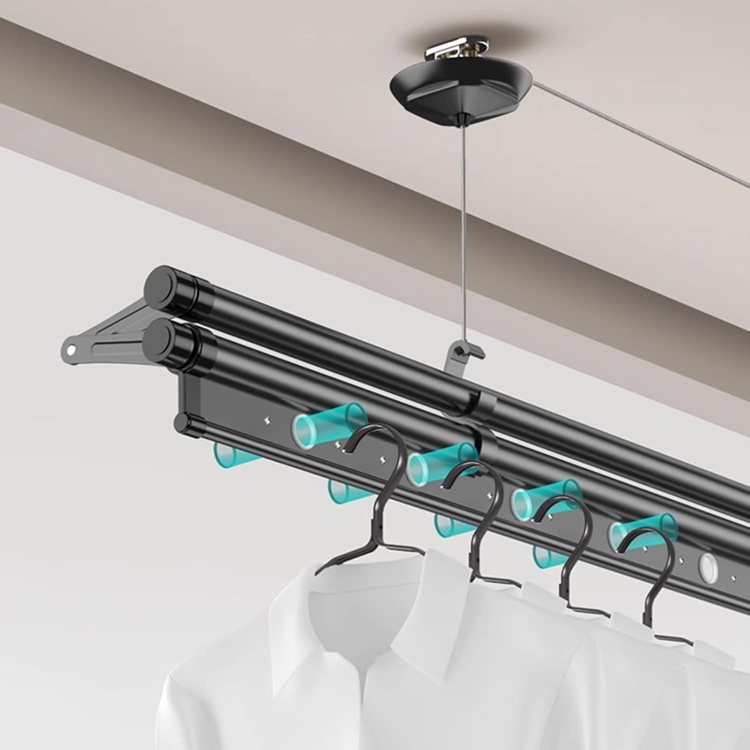 Ceiling Mounted Clothesline Elevating Hand Rocking Clothes Hanger Balcony Double Pole Clothes Hanger Top Mounted Manual Household Automatic Clothes Hanger LIF,2.4m