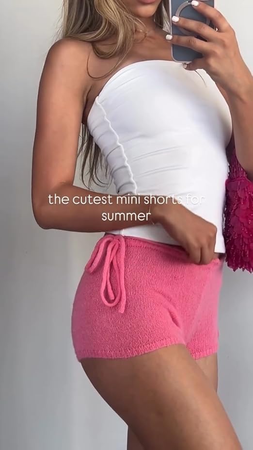 WDIRARA Women's Tie Side Knitted Mini Shorts High Waist Elastic