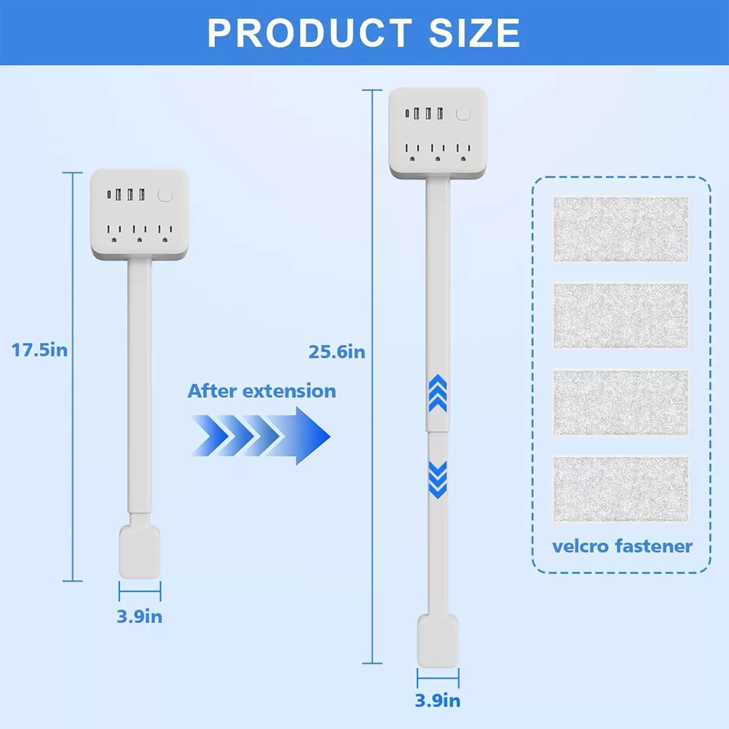 Electrical Outlet Extender Stick,Extendable Socket Features 3 USB-A,1 USB-C and 3 AC Outlets,Electric Outlet Extender,Rotates 180°,Extends 17.5"-25.6",Use Behind Couches,Nightstands,Desks and More
