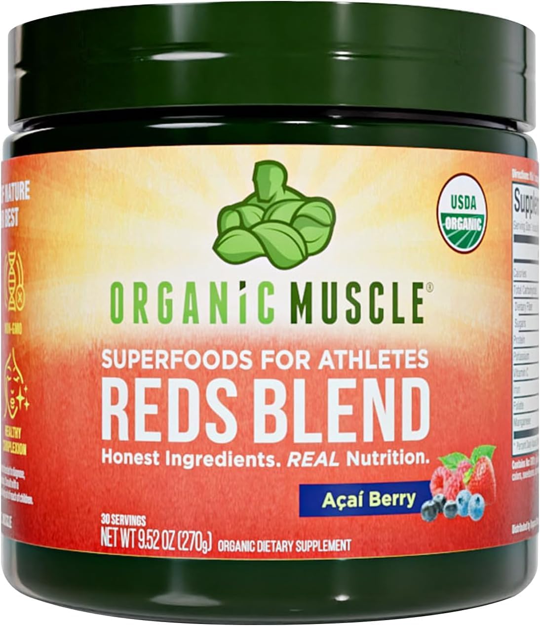 Organic Muscle Superfood Reds Powder Supplement | USDA Certified Organic Beet Root, Acai, Pomegranate | Caffeine-Free Energy, Antioxidants, Vegan | Berry Flavor, Non-GMO, 30 Servings