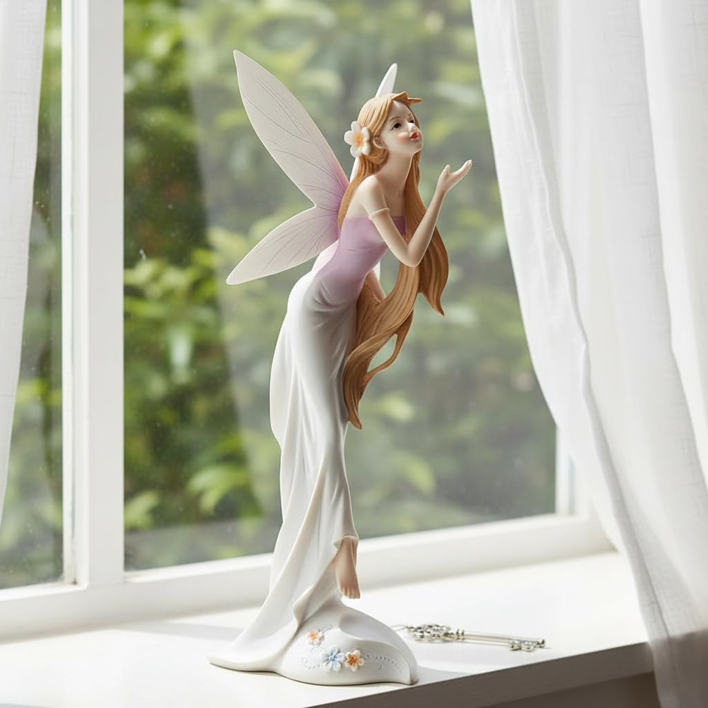 Comfy Hour 13" Elegant Standing Fairy Figurine, White and Lilac Fantasy Spirit Statue, Sophisticated Home Office Bookshelf Decor Accent, Polyresin Artisan Crafted Sculpture, 1 Unit